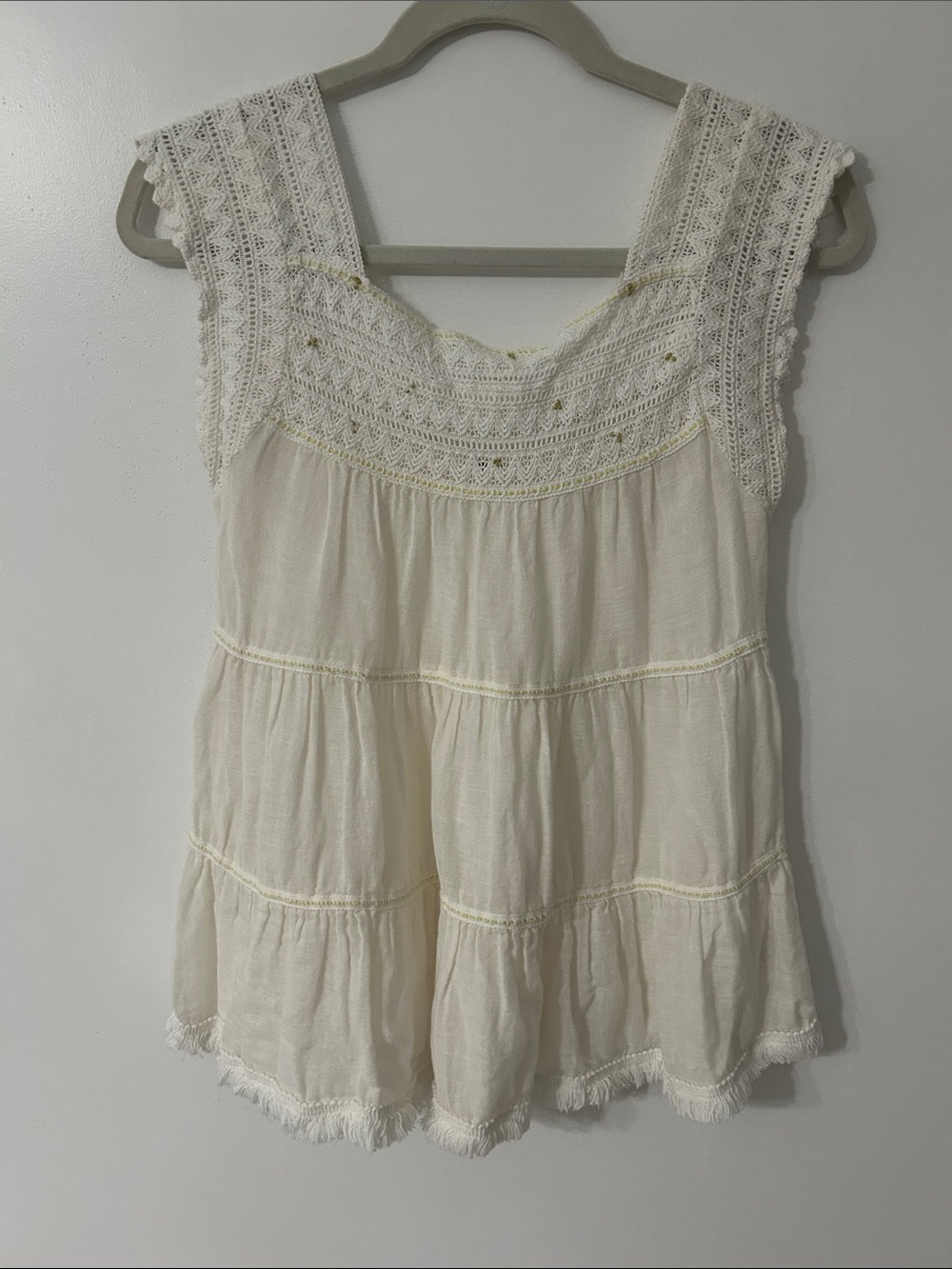 Free People Cream Crochet Yoke Tribal Tiered Bohemian Tank Top Size Small - Picture 15 of 15
